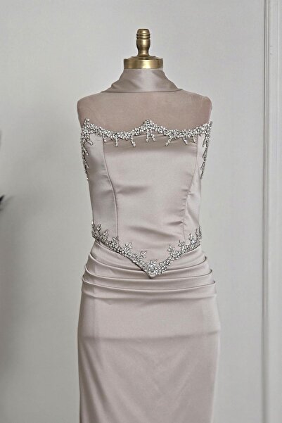 Yonca Moda Evi Ekru Taşlı Korseli Abiye 6135