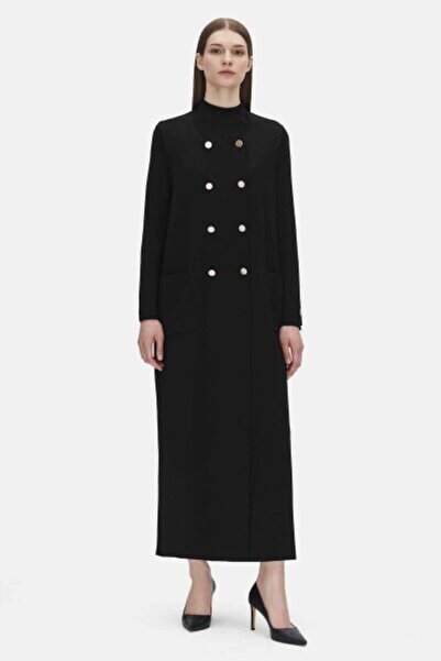 MISS DALIDA Kruvaze Düğmeli Uzun Siyah Hırka