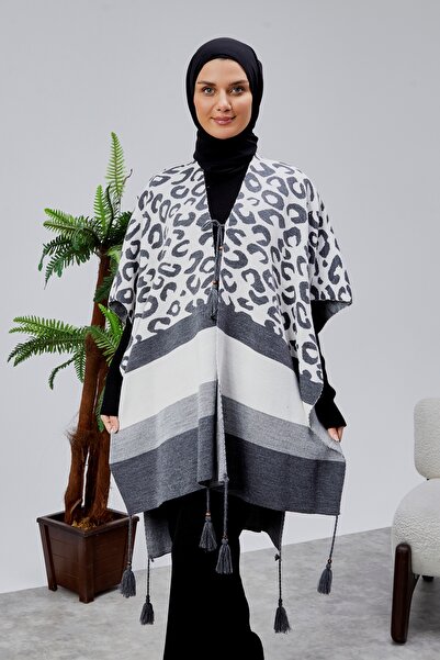 CNR TEKSTİL Leopard Printed Tricot Poncho with Tassel Accessories
