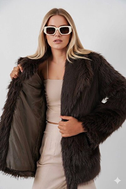 hazelin Γυναικείο παλτό από βελούδινη γούνα με λεπτομέρεια καφέ ζώνης HZL25W-BD191561