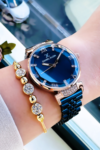 Daniel Klein Original Women's Wristwatch, Cut Glass Waterproof Navy Blue Steel Band - Bracelet Gift Dkby2050C1