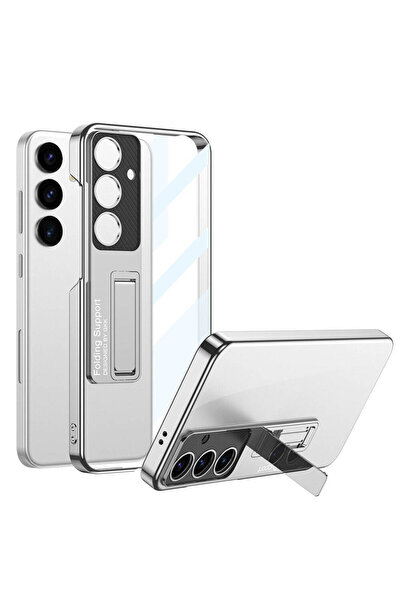 HTstore Galaxy Compatible S24 Plus Case with Camera Protection Transparent Design Zore Lego Stand Cover-Silver