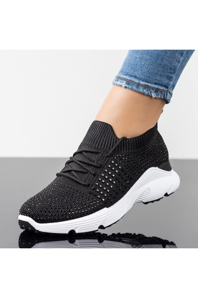 BMoD Adidași negri pentru femei cu șireturi și strasuri aplicate MOD08701