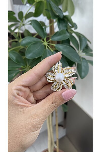 TRİA SİLVER Gümüş İnci Taşlı Çiçek Broş | Altın Renk Kadın Aksesuar | Gelin, Abiye, Şal-Palto iğnesi, Hediye