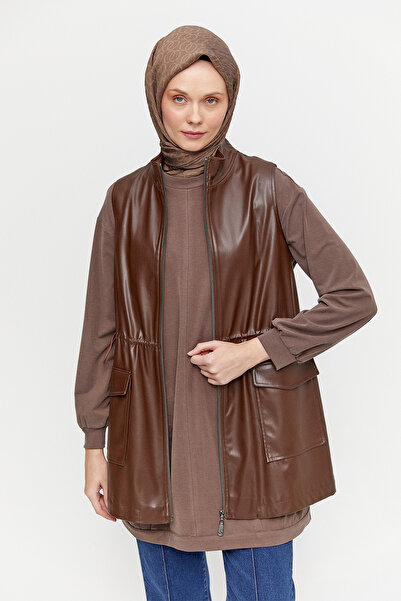 Setrms Yüksek Yakalı Suni Deri Kargo Cepli Yelek