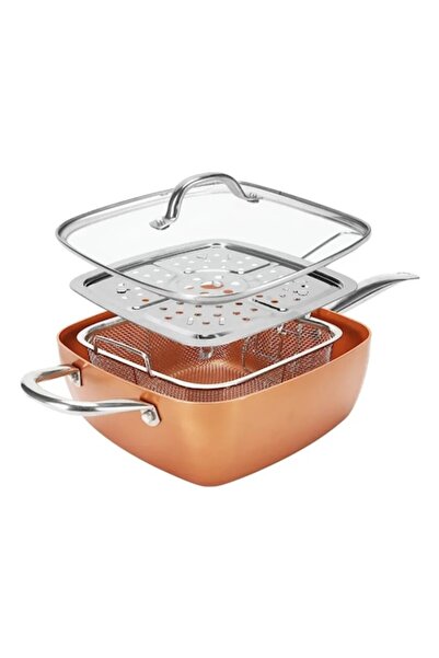 Welora Square multifunctional pan with lid, frying rack and steaming tray, 24x24x9.5cm, copper