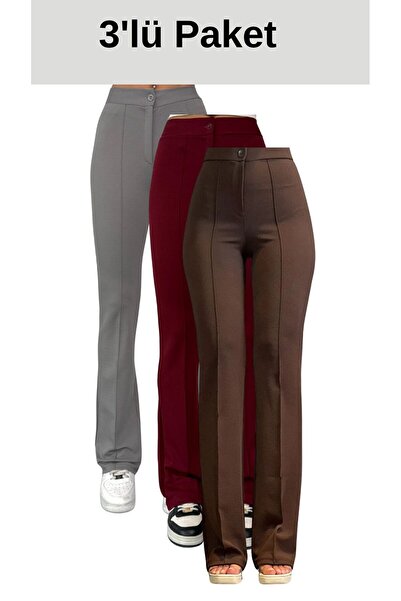 THIFF GYMWEAR Krep Kumaş Likralı Kadın Palazzo Pantolon 3'lü Set