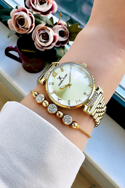 Daniel Klein Original Women's Wristwatch, Cut Glass Waterproof Gold Color Steel Band - Bracelet Gift Dkby2050C3