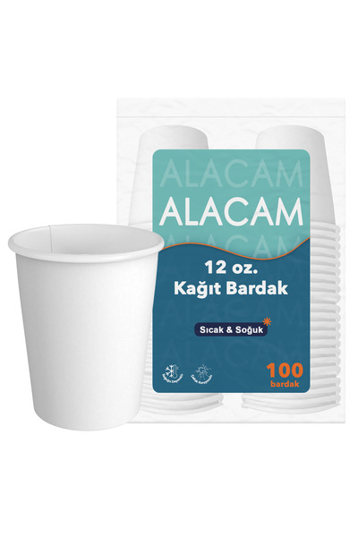 Alaçam Ambalaj Tek Kullanımlık 100 Adet Sıcak ve Soğuk İçecek için Beyaz Bask...