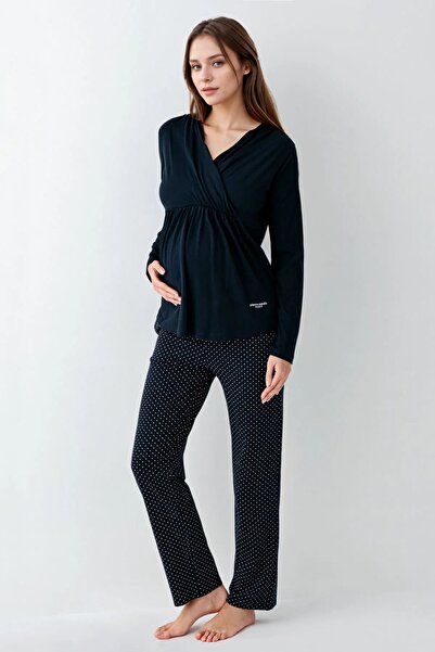 Pierre Cardin Kadın Hamile Giyim Pamuklu & Modal Uzun Kol Kutulu Pijama Takımı (Çorap Hediyeli) L1.PC.909.4.001