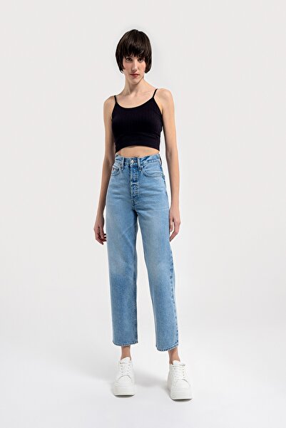 Loft 2036180 Mavi Kadın Vıntage Straıght Regular Fit Yüksek Bel Normal Kesim Geniş Paça %100 Pamuk K