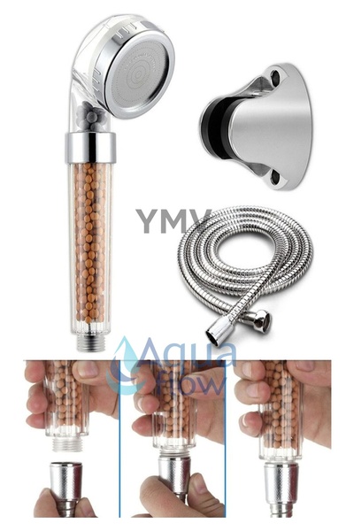 YMV Boncuklu Su Tasarruflu Duş Başlığı Çelik Duş Hortumu Seti 3Lü Set