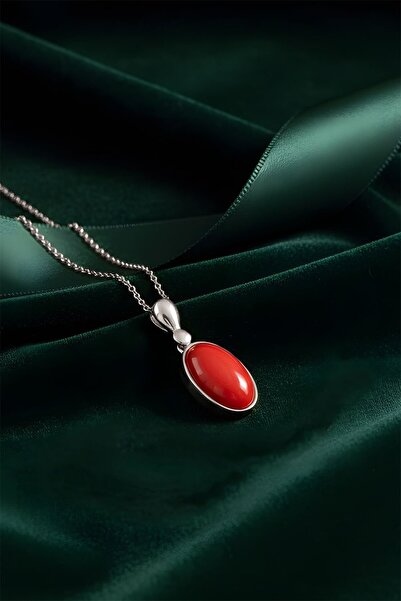 Takıdepo Mercan Taşlı El İşi Minimal Model Gümüş Kolye-Gümüş Rengi