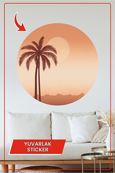 KOSS Dijital Autocolant rotund cu apus de soare cu palmieri, stil boho tropic...