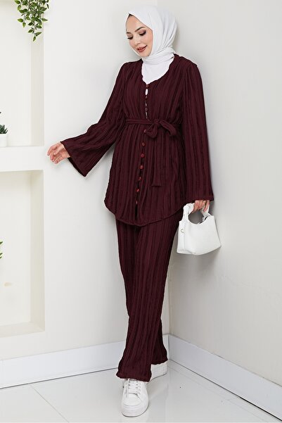 Bestenur İlgen Ruffled Two-Piece Set 1610 - Plum