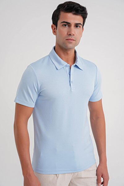 Efor Comfort Fit Esnek Pamuk Düğmeli Mavi Polo Yaka Tişört Ts 886