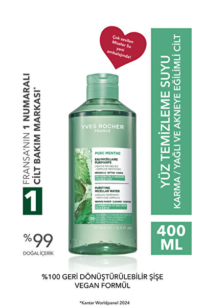 Yves Rocher Micellar Makyaj Temizleme Suyu-Karma,Yağlı, Eğilimli Cilt-Pure Menthe Botanik Kompleks 400ml