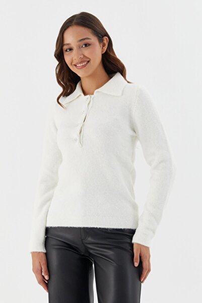 Shopping Shop Soft Textured Buttoned Knitwear Sweater Ekru