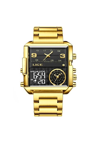 Lige Ceas bărbătesc cuarț analogic digital din oțel inoxidabil cu alarmă aurie