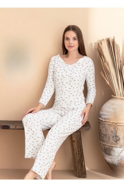 eliz طقم بيجامة نسائية من الليكرا بياقة على شكل حرف U مع تفاصيل شريطية ونقش الكرز