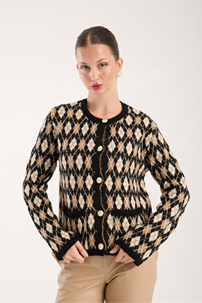ŞEYDA ERTEM Black Color Beige Patterned Cardigan with Side Pockets