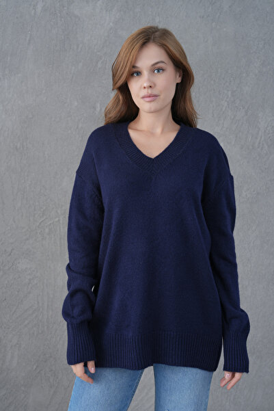 bayansepeti Lacivert Triko Kumaş V Yaka Uzun Oversize Kazak 4093