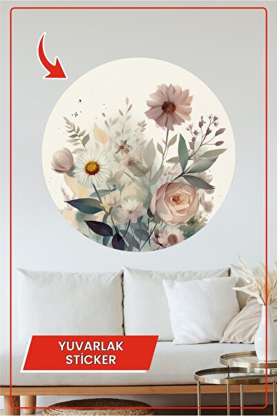 KOSS Dijital Pastel Çiçek Desenli Yuvarlak Sticker Zarif Bitkisel Tasarım Rom...