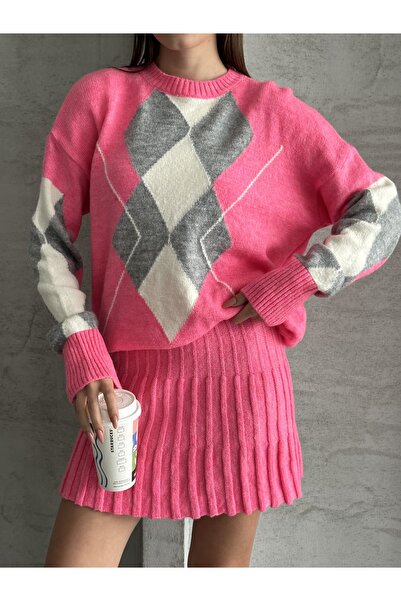 Knitoryx Women's Diamond Patterned Knitwear Sweater Skirt Set – Oversize Model |