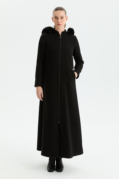 Günay Karaca Günay Kraca Kışlık Kaşe Kadın Pardesü Kloş A Kesim Siyah Fermuarlı 2601