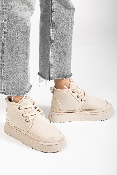 RİSSOLİ Γυναικείες μπότες μίνι με κορδόνια σε μπεζ σουέντ