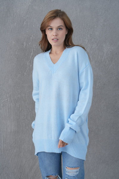 bayansepeti Tricotaj Baby Blue Tricotaj cu decolteu în formă de V Pulover lung supradimensionat 4093