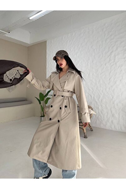 Genel Markalar Kadın Astarlı Premium Deri Apoletli Pelerinli Trençkot