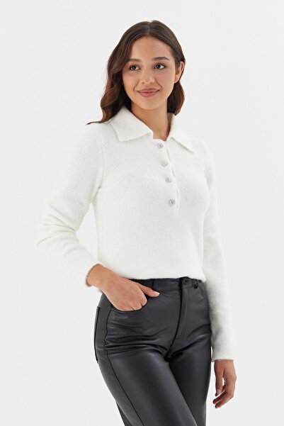 Shopping Shop Soft Textured Buttoned Knitwear Sweater Ekru