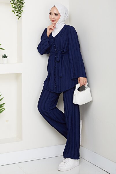 Bestenur İlgen Ruffled Double Set 1610 - Navy Blue
