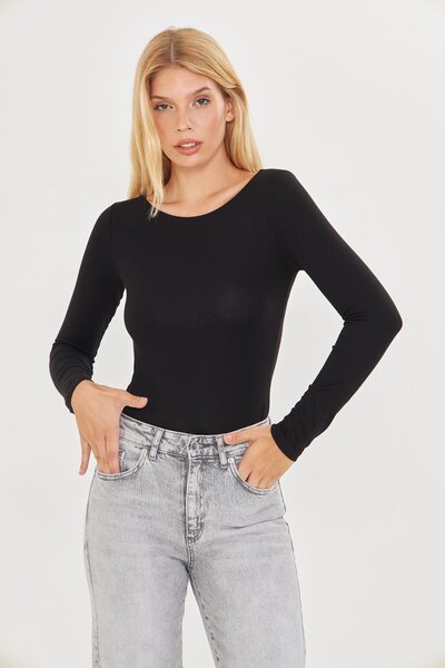 Kutaf Black Lycra Long Sleeve Basic Bodysuit – Stretchy & Form-Fitting