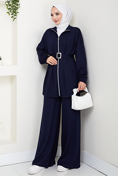 Bestenur Dilsa Belted Double Suit 1607 - Navy Blue