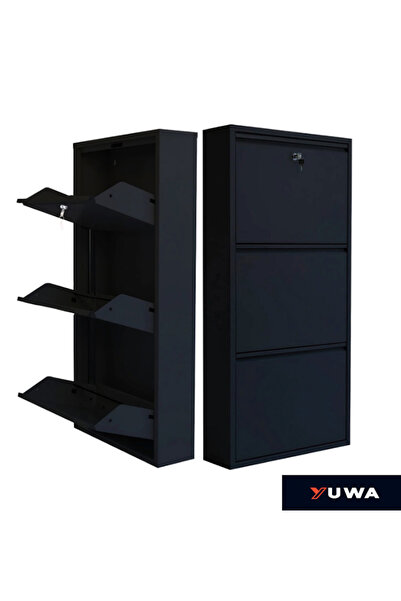 YUWA Kilitli 3’lü Siyah Renk Metal Ayakkabılık Çok Amaçlı Organizatör Metal D...