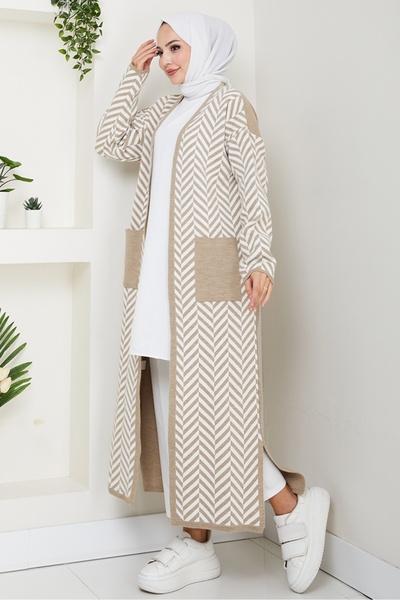 Bestenur Stripe Detailed Knitwear Cardigan 1604 - Stone