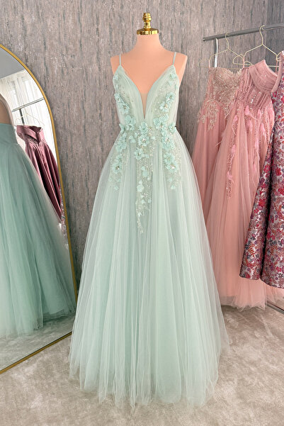 Lenta Moda Su Yeşili Simli Ve Üç Boyutlu Dantel Detaylı Maxi Boy Abiye Ve Gec...