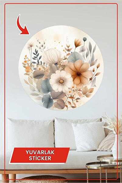 KOSS Dijital Bej Çiçek Desenli Yuvarlak Sticker Zarif Bitki Yaprak Pastel Ren...