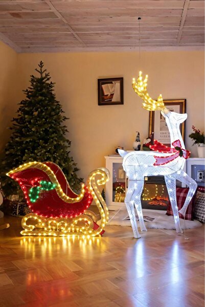 Genel Markalar Noel Işıklı Geyik ve Noel Baba Kızak, 462 LED Işık, Kazıklı İç...