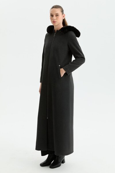 Günay Karaca Günay Kraca Kışlık Kaşe Kadın Pardesü Kloş A Kesim Fermuarlı Gri...