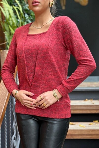 Mossta Double-Breasted Collar Soft Blouse with Cuffs on the Sleeves and Hem - Red