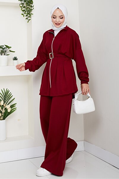 Bestenur Dilsa Belted Double Suit 1607 - Burgundy