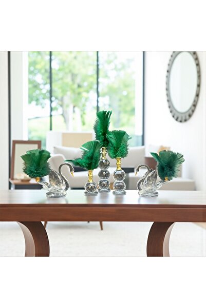 Peramari Dekoratif Kristal 5 Parça Üçlü Tüy -İkili Tüylü Kuğu Yeşil-Gold