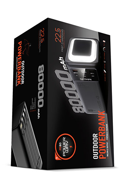 POWERWAY 80.000 mAh PD 22.5W Hızlı Şarj Dahili Kablolu Kamp Taşınabilir Güç Kaynağı Siyah PD80 Powerbank