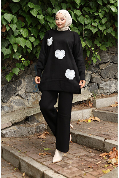 sefamerve Knitwear Beaded Tunic Trousers Double Suit 1016-06 Black