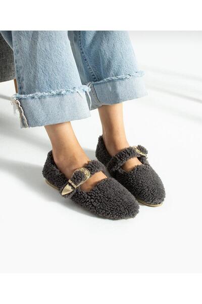 PABUCH Women's Buckled Belted Flat Shoes Suitable for Indoor and Outdoor Use Furry Plush Comfortable Stylish