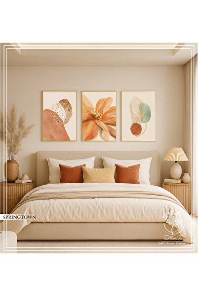 Tablomtr Springtown - Dijital Baskılı Gold Metal Çerçeveli Gerçek Camlı 3'lü Dekoratif Tablo