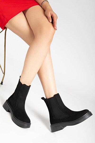 Hayalimdeki Ayakkabı Kadın Lastikli Günlük Siyah Süet Kalın Tabanlı Bot